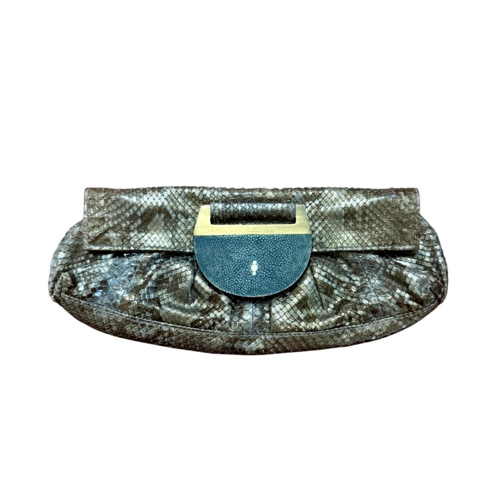 R&Y Augousti brown snakeskin clutch bag